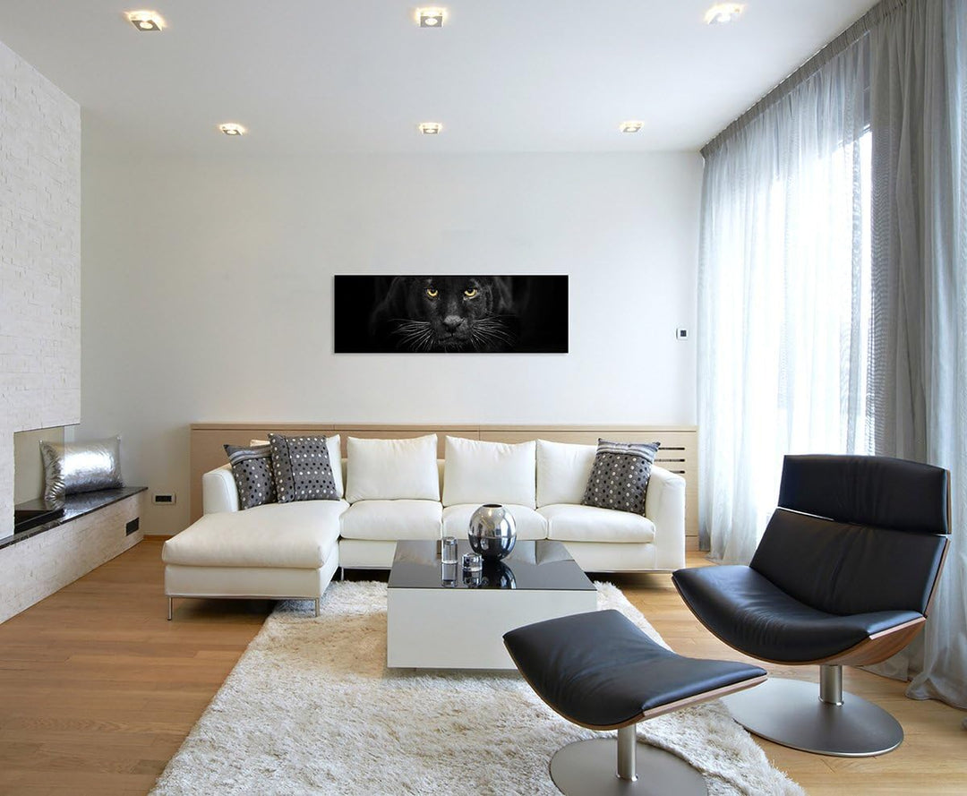 Sinus Art XXL Panoramabild 150x50cm Tierfotografie – Schwarzer Leopard mit bernsteinfarbenen Augen N