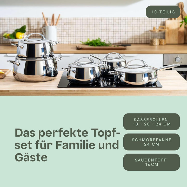 BergHOFF Home Topfset Edelstahl – 10-tlg. – Kochtopf Set mit Deckel - Töpfe Set Induktion, Ceran-, G