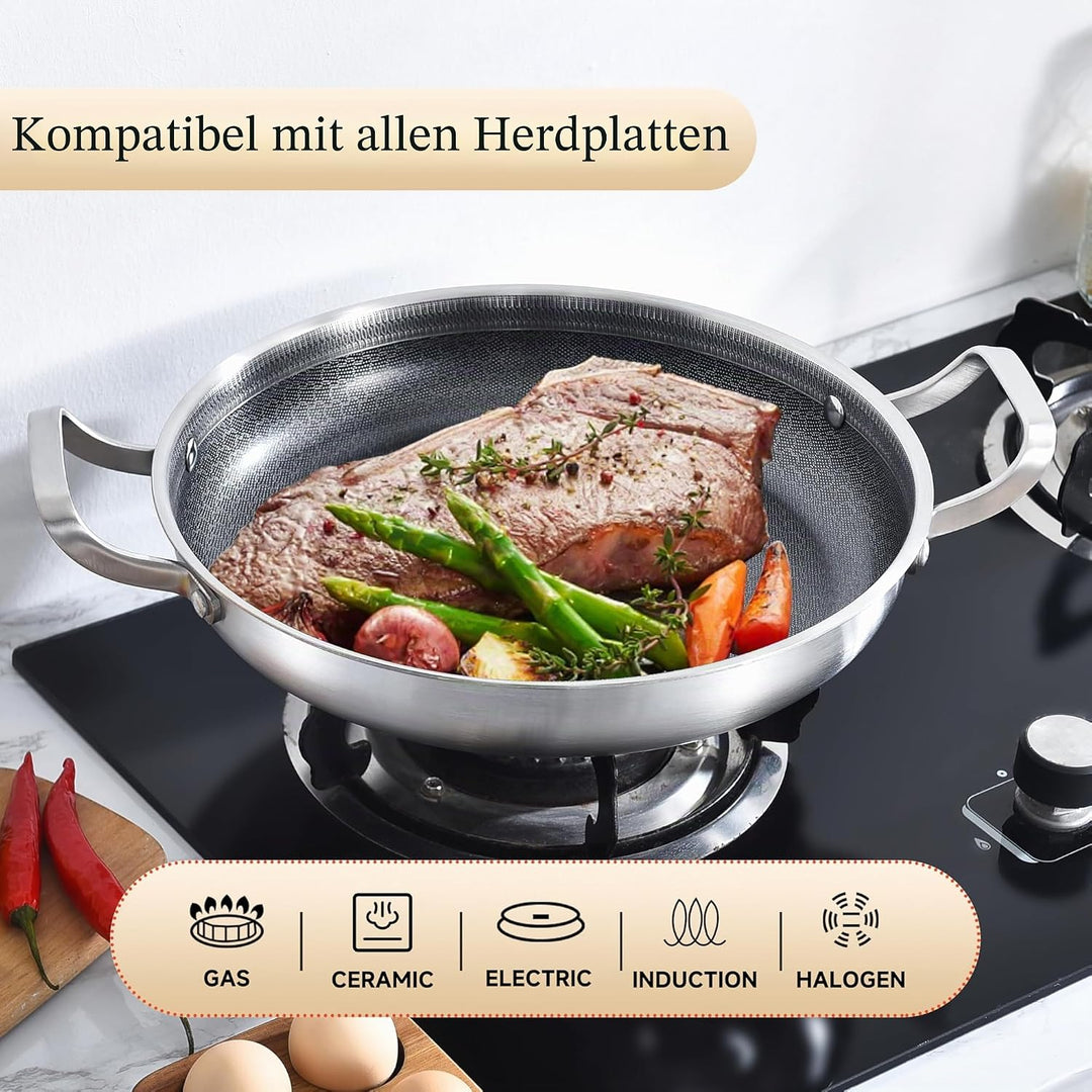 Inqibee dreischichtige Edelstahl-Paellapfanne 32 cm mit Deckel – Antihaft | 280°C Hitzebest | PFOA-f