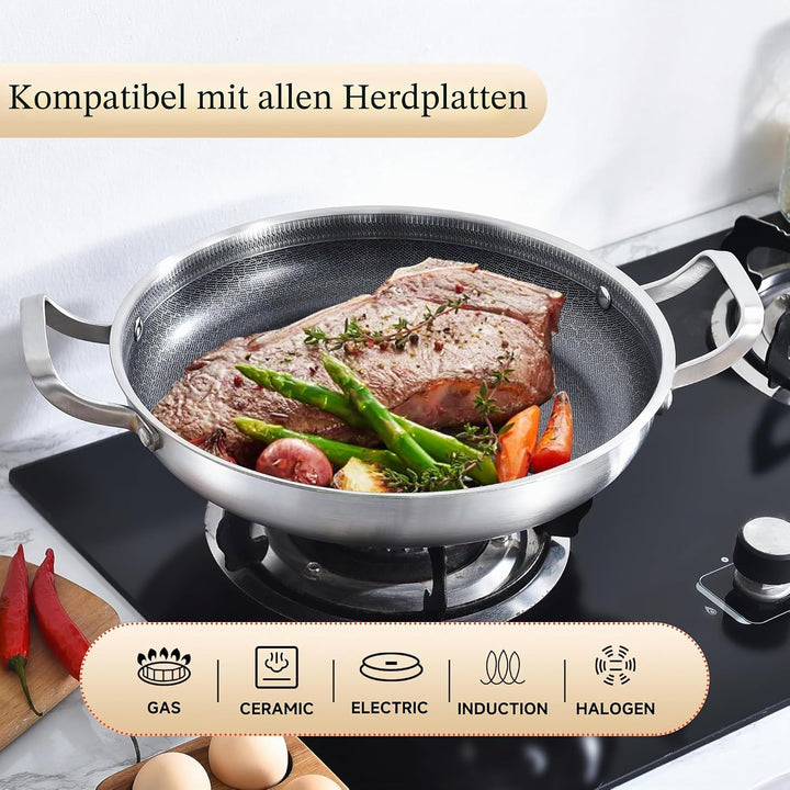 Inqibee dreischichtige Edelstahl-Paellapfanne 32 cm mit Deckel – Antihaft | 280°C Hitzebest | PFOA-f