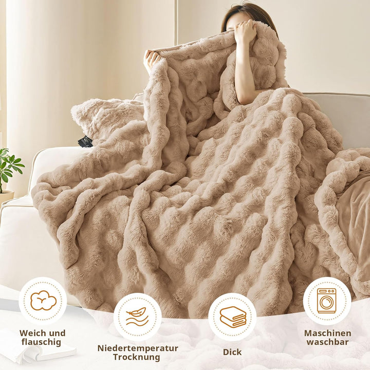 Kuscheldecke 200x230 cm, Kaninchen Plüsch Decke, Super Soft Wohndecke Dick 1000GSM Couchdecke Warme