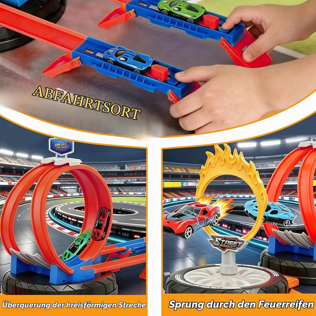 Autorennbahn Rennspielzeug Kinder mit 6 Spielzeugautos 2 Rampen 1 Reifenaufbewahrungsbox für Mädchen
