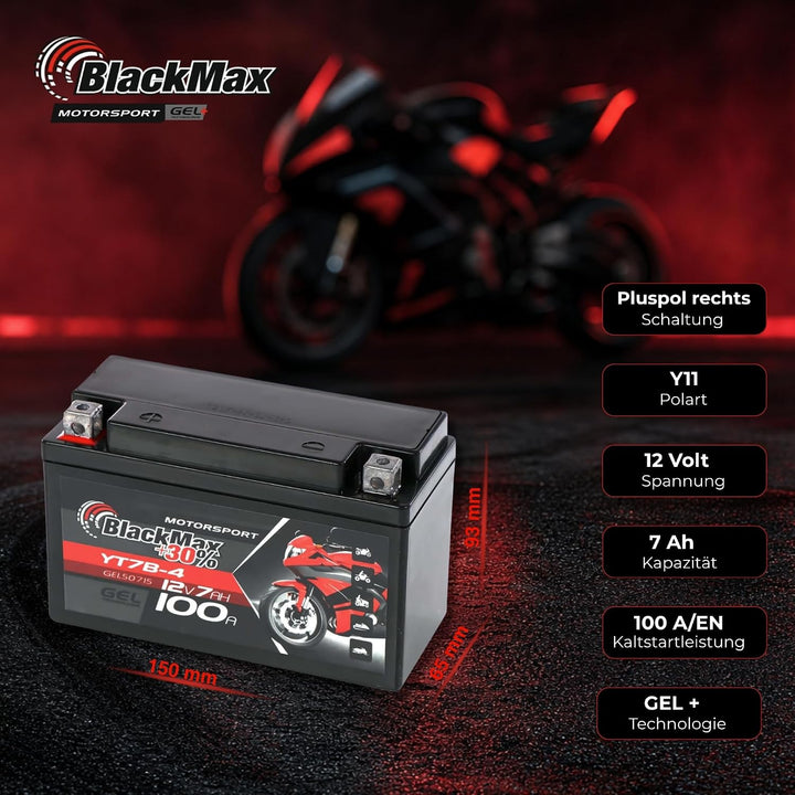 BlackMax YT7-B4 Motorradbatterie GEL 12V 7Ah YT7B-4 YT7B-BS Batterie FT7B4 GT7B4 7Ah - 100A - YT7-B4