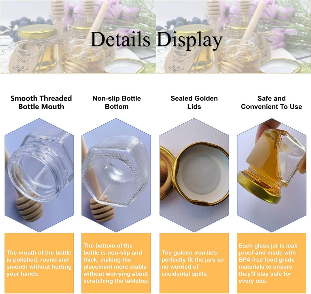 40 Pack 1,5 oz Hexagon Mini Glas Honig Gläser mit hölzernen Dippers, Bienen Anhänger, goldene Gesche