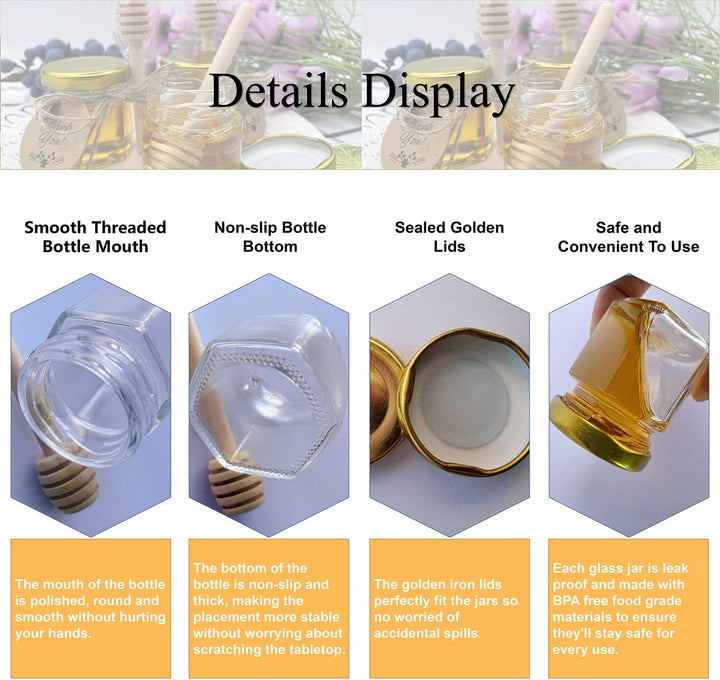 40 Pack 1,5 oz Hexagon Mini Glas Honig Gläser mit hölzernen Dippers, Bienen Anhänger, goldene Gesche