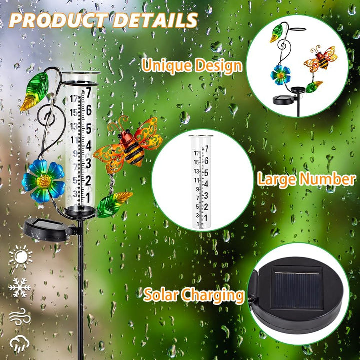 Regenmesser für den Aussenbereich, dekorativ, solarbetrieben, mit 17,8 cm Glasrohr, Wasser-Regenmess