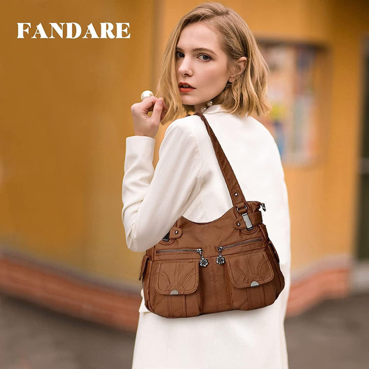 FANDARE Gross Schultertasche Damen Umhängetasche Frauen Vintage Schulranzen Wasserdicht PU Leder Wom