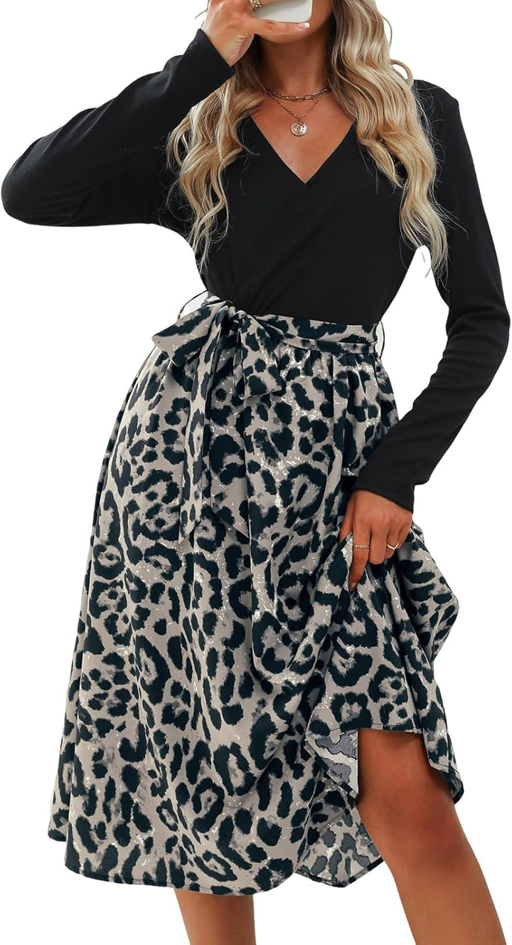 CUPSHE Damen Herbst Kleid V Ausschnitt Langarm Bindegürtel A Linie Leopardenmuster Partykleid Freize
