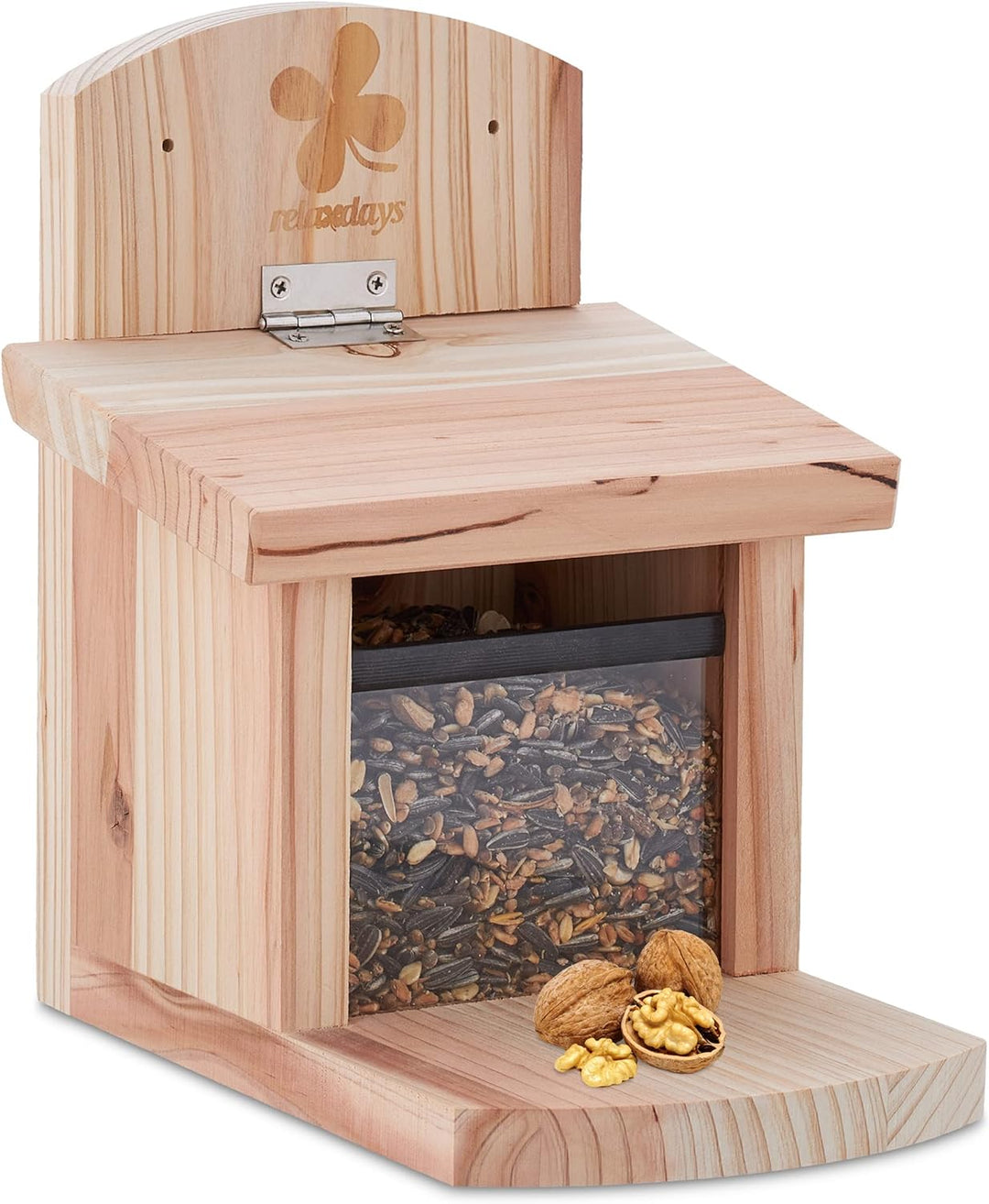 Relaxdays Eichhörnchen Futterhaus, FSC-zertifiziertes Holz, Klappdach, Belüftungslöcher, Futterstati