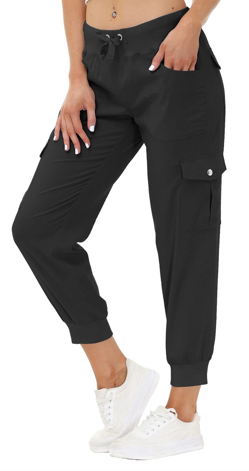 JINSHI Hosen Damen Cargohose Lange Capri Freizeithose Outdoor Jogginghose High Waist mit Kordelzug 3