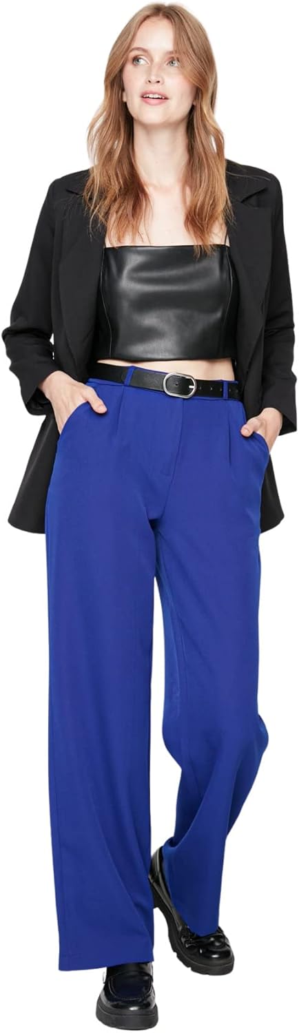 TRENDYOL Damen Herren Basic Hoher Bund Wide Leg Hose Pants 32W Blau, 32W Blau