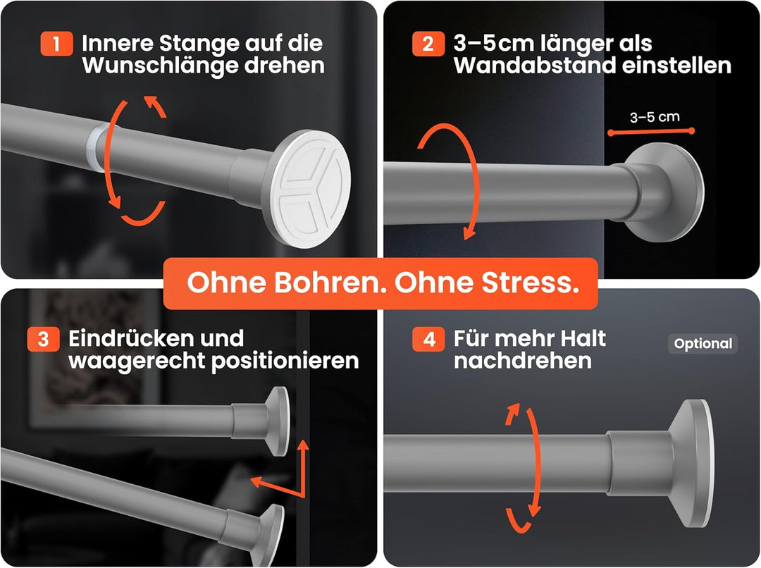 Duschstange ohne Bohren 90-160cm, Grau, Ø 25 mm, Gardinenstange zum Klemmen - Teleskopstange - Vorha