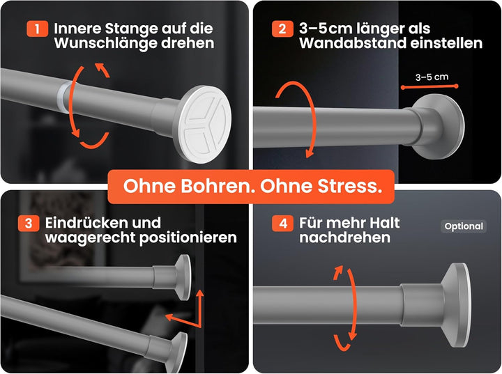 Duschstange ohne Bohren 90-160cm, Grau, Ø 25 mm, Gardinenstange zum Klemmen - Teleskopstange - Vorha