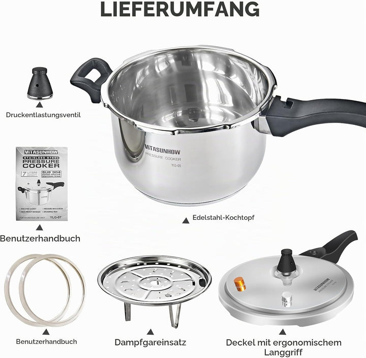 Schnellkochtopf aus Edelstahl, Induktionskompatibel, gleichmässige Wärmeverteilung, für Schnellkocht