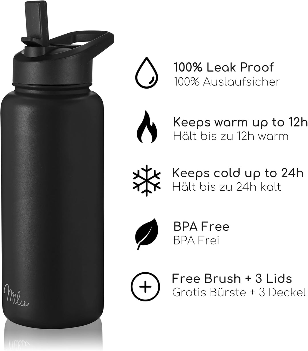 Milu Edelstahl Trinkflasche 500ml, 750ml, 1000ml (+3 Deckel) - Thermosflasche mit Strohhalm, Isolier