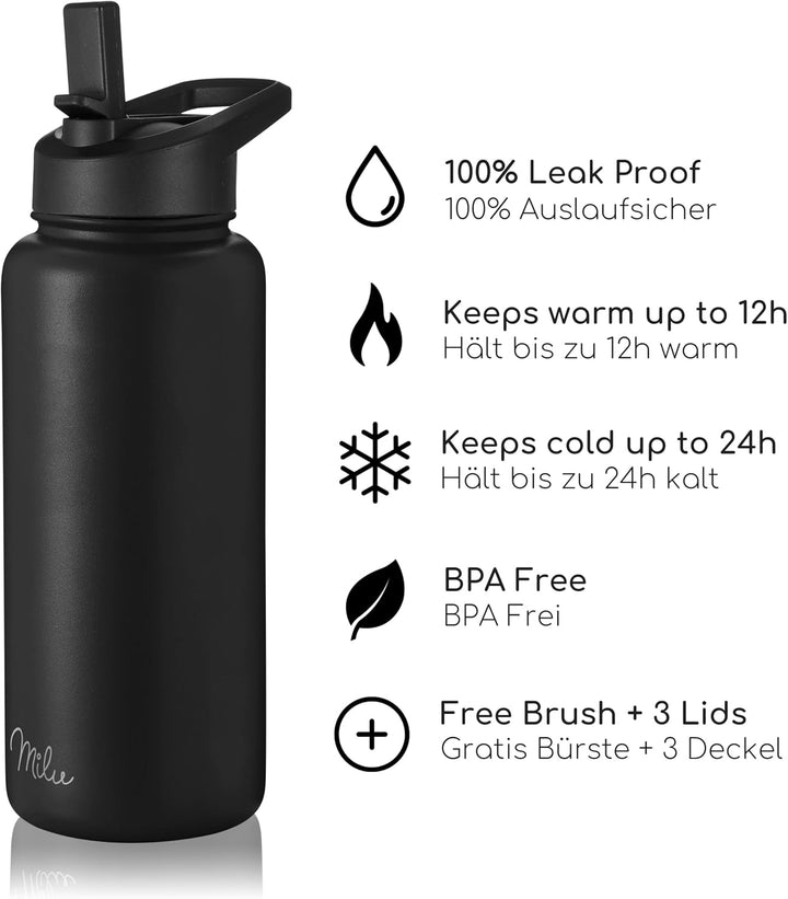 Milu Edelstahl Trinkflasche 500ml, 750ml, 1000ml (+3 Deckel) - Thermosflasche mit Strohhalm, Isolier