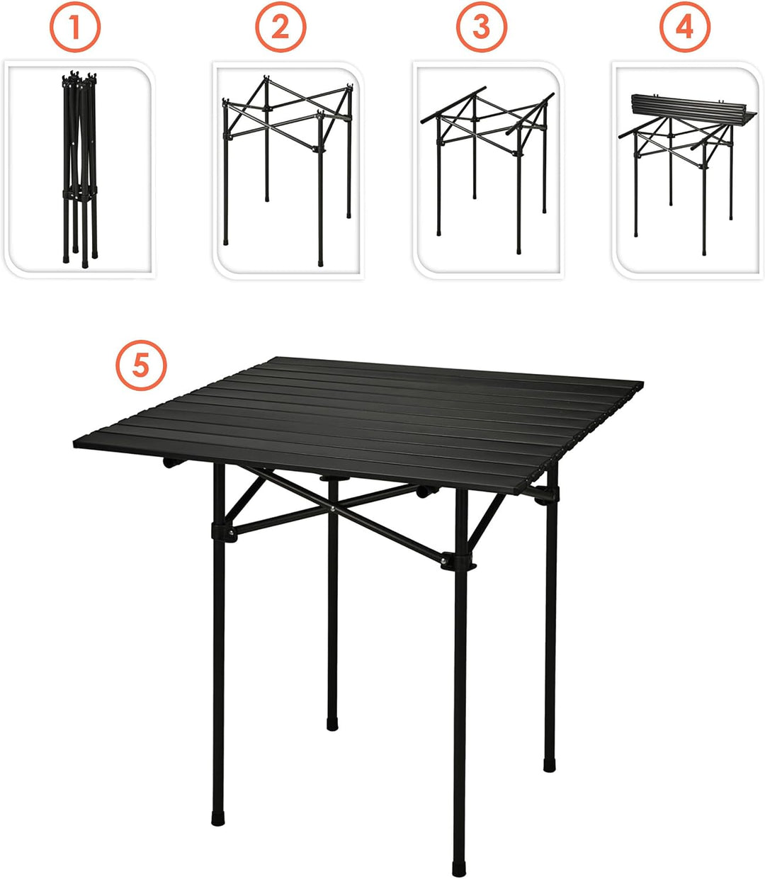 Camping Klapptisch schwarz mit Tragetasche - 70 x 70 cm - Universal Gartentisch mit einrollbarer Tis
