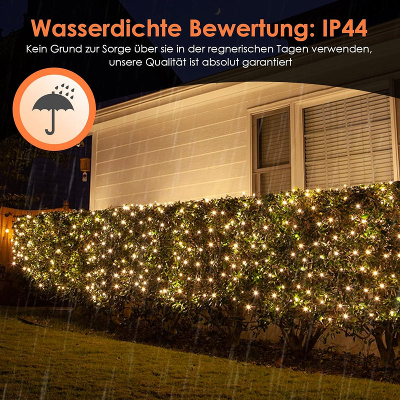 Ikodm 204 LED Lichternetz 3x2m,Warmweiss Lichterkette Netz, 8 Modi Lichterkettennetz Innen und Ausse