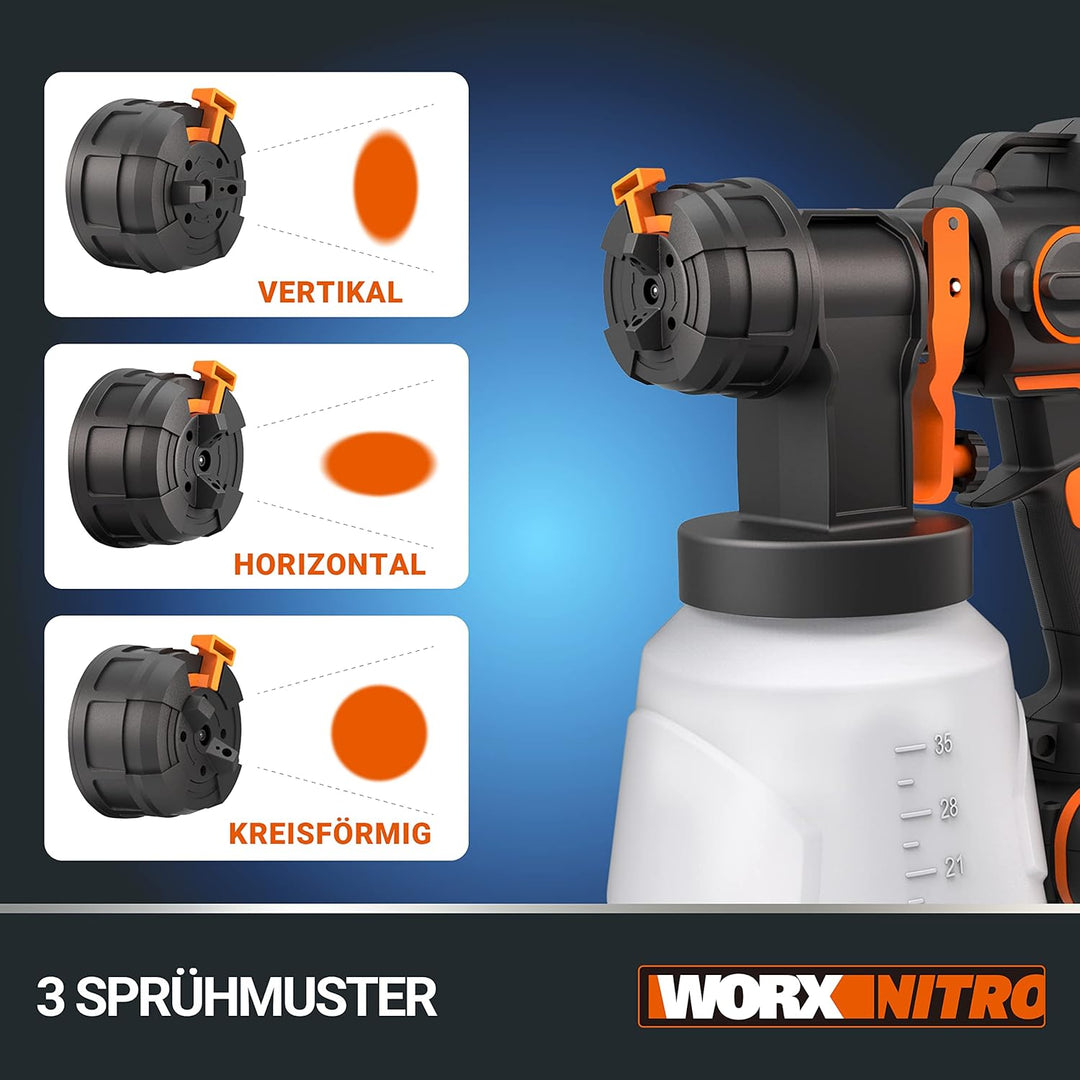 WORX WX020 Nitro Akku-Farbsprühsystem 20V - leistungsstark bürstenloser Motor - 3 Sprühform &amp; 4 Düse