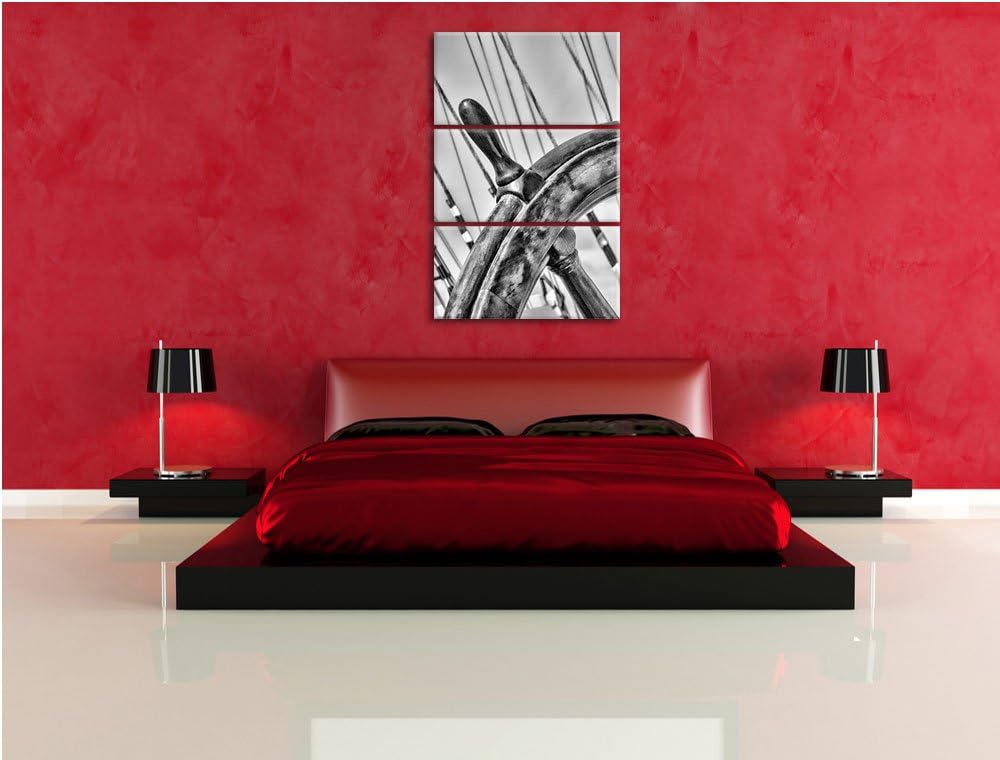 Pixxprint Steuerrad auf einem Schiff 3Teiler 120x80 cm Leinwandbild Wandbild Kunstdruck