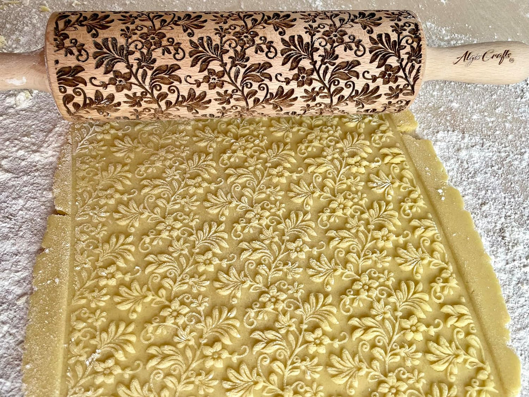 TANZEN BLUMEN Nudelholz. Teigroller mit Blumen für DIY Küche, Teig & Fondant Plätzchen. Gravierte Nu