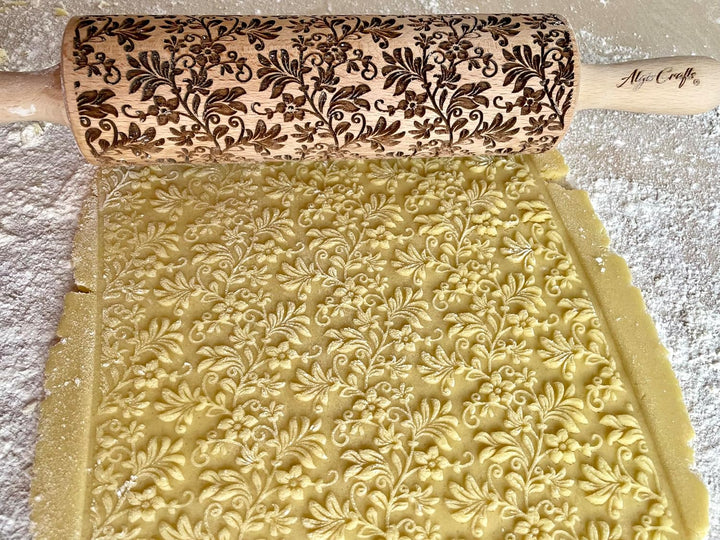 TANZEN BLUMEN Nudelholz. Teigroller mit Blumen für DIY Küche, Teig & Fondant Plätzchen. Gravierte Nu