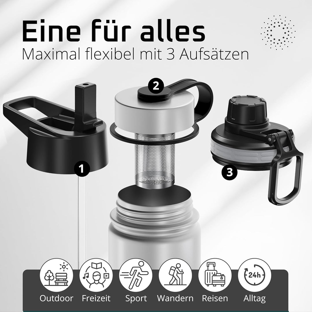 Trinkflasche Edelstahl ACTIVE FLASK + Strohhalm (3 Deckel) BPA-frei, Auslaufsicher, Kohlensäure geei