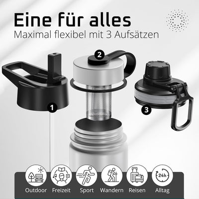Trinkflasche Edelstahl ACTIVE FLASK + Strohhalm (3 Deckel) BPA-frei, Auslaufsicher, Kohlensäure geei