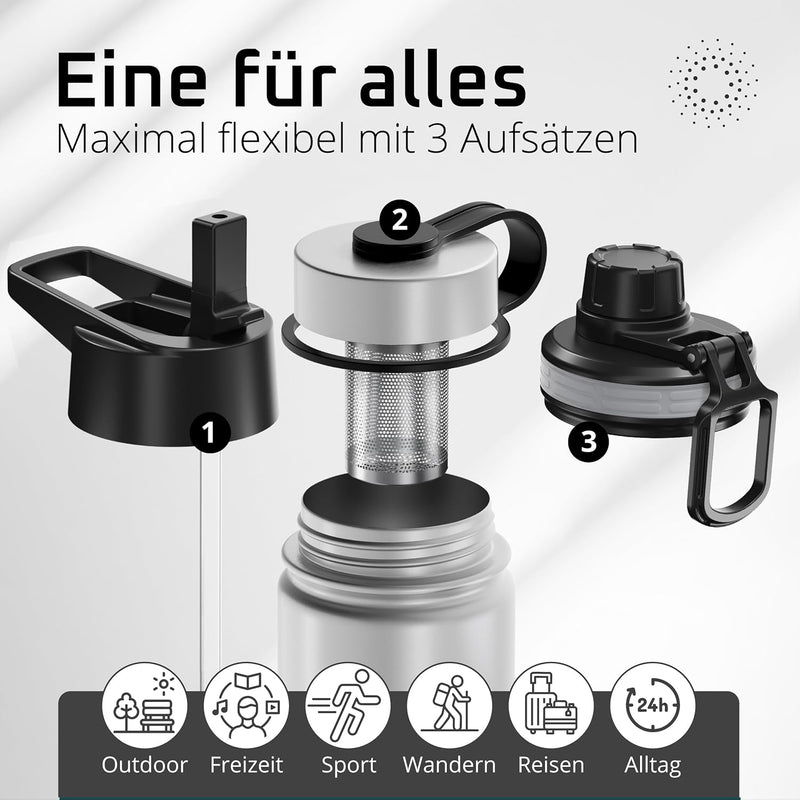 Trinkflasche Edelstahl ACTIVE FLASK + Strohhalm (3 Deckel) BPA-frei, Auslaufsicher, Kohlensäure geei