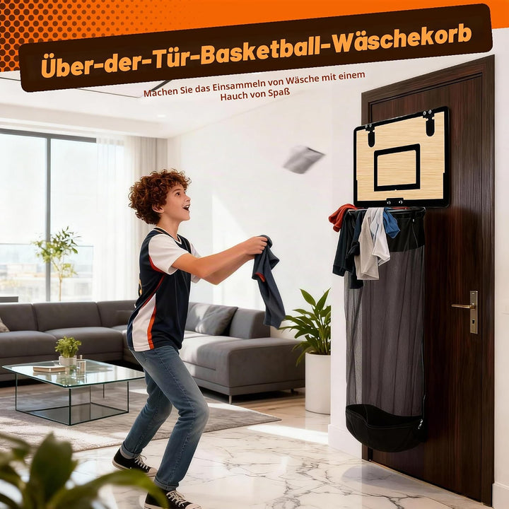 2-in-1 Basketballkorb Wäschekorb Hängender Mini Basketball Korb Tür Wäschesammler aus Holz mit Reiss
