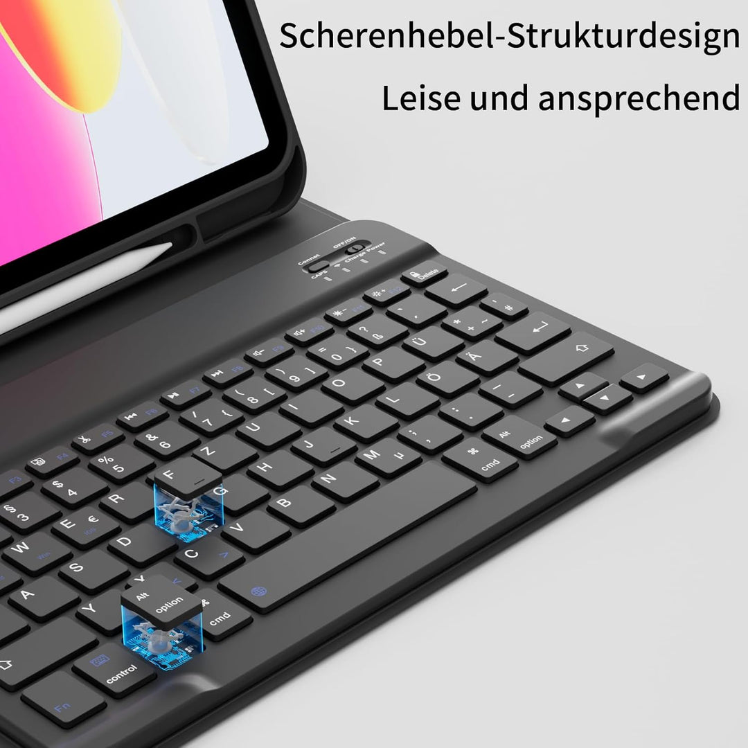 Hülle mit Tastatur für iPad A16 11 Generation 2025/10 Generation 2022 (11/10.9 Zoll), QWERTZ Layout,
