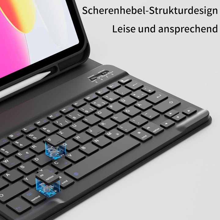 Hülle mit Tastatur für iPad A16 11 Generation 2025/10 Generation 2022 (11/10.9 Zoll), QWERTZ Layout,
