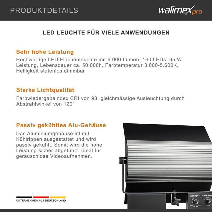 Walimex pro LED Sirius 160 Bi Color Set mit Stativ - 1x 65W Bi Color Flächenleuchte, Studioleuchte,