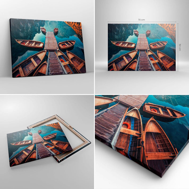 Bilder auf Leinwand Berge Boot Wasser Leinwandbild mit Rahmen 70x50cm Wandbilder Dekoration Wohnzimm