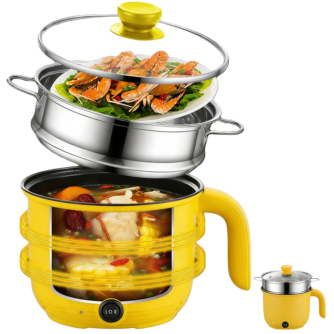 Elektrische Hot Pot Topf, 1.5L Kleiner Elektrischer Kochtopf mit Dämpfkorb aus Edelstahl, 600W Tragb