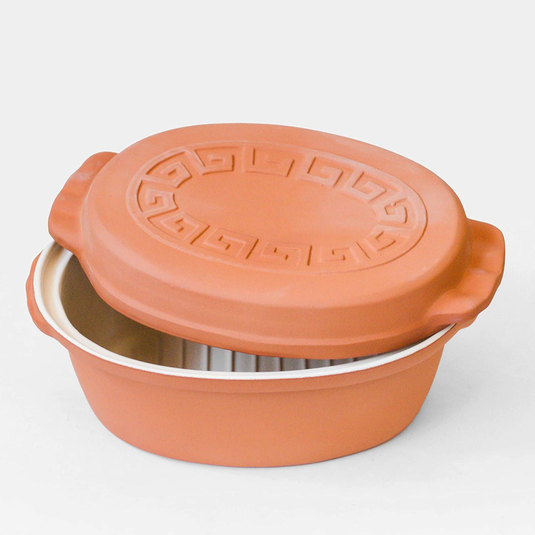 TerraStone Römertopf oval mit Deckel, Tonbräter 33x23cm, Terrakotta Bräter 33 cm, Bräter 33 cm