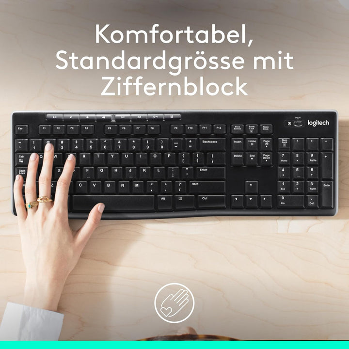 Logitech K270 Kabellose Tastatur für Windows, 2,4 GHz kabellos, Standardgrösse, Nummernblock, 8 Sond