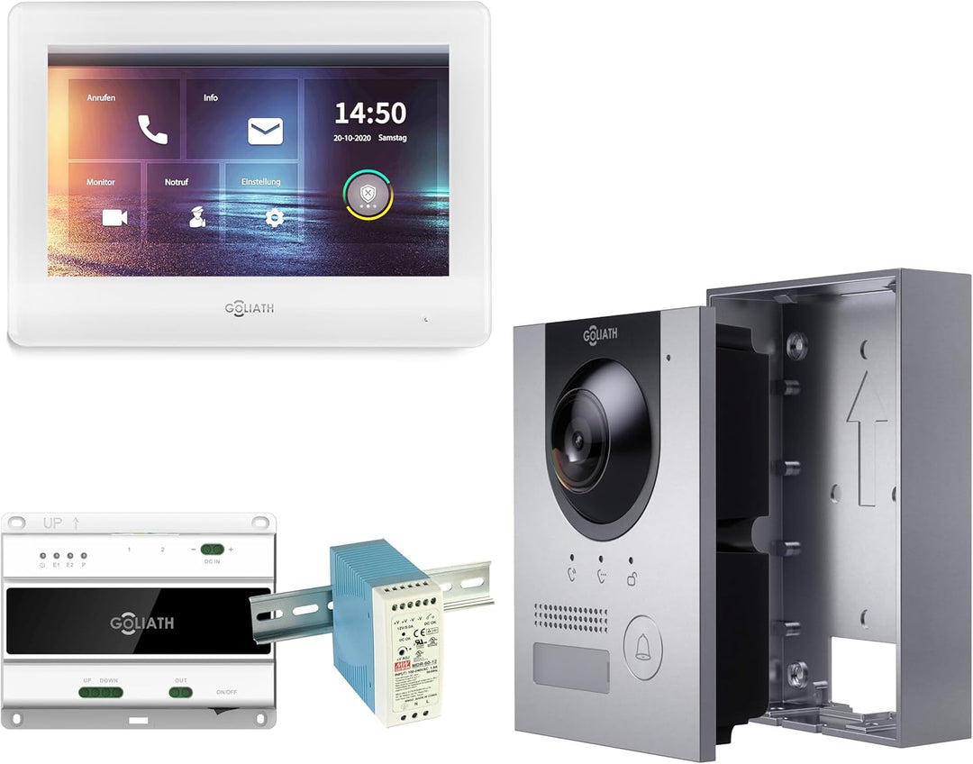 GOLIATH Full-HD Video Türsprechanlage, Aufputz Türstation in Silber, 1 Familienhaus Set, Touchscreen