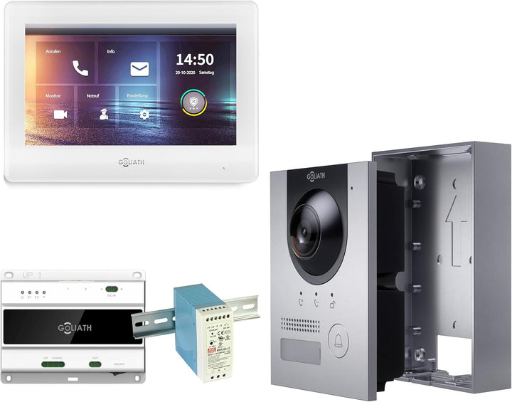 GOLIATH Full-HD Video Türsprechanlage, Aufputz Türstation in Silber, 1 Familienhaus Set, Touchscreen