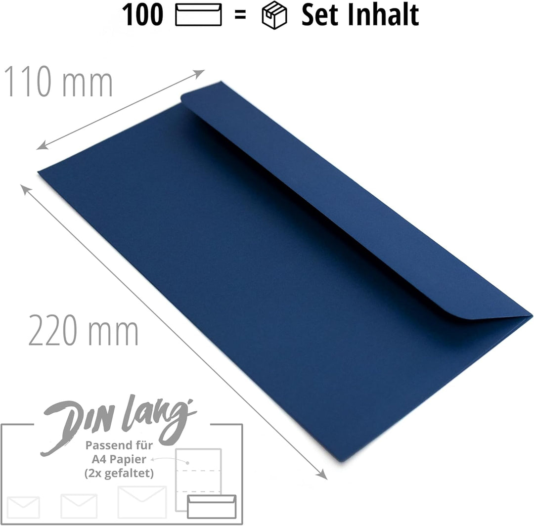 Briefumschläge (100 Stück) aus Papier, Kuvert, Umschlag ohne Fenster - DIN lang - 220 x 110 mm - bla