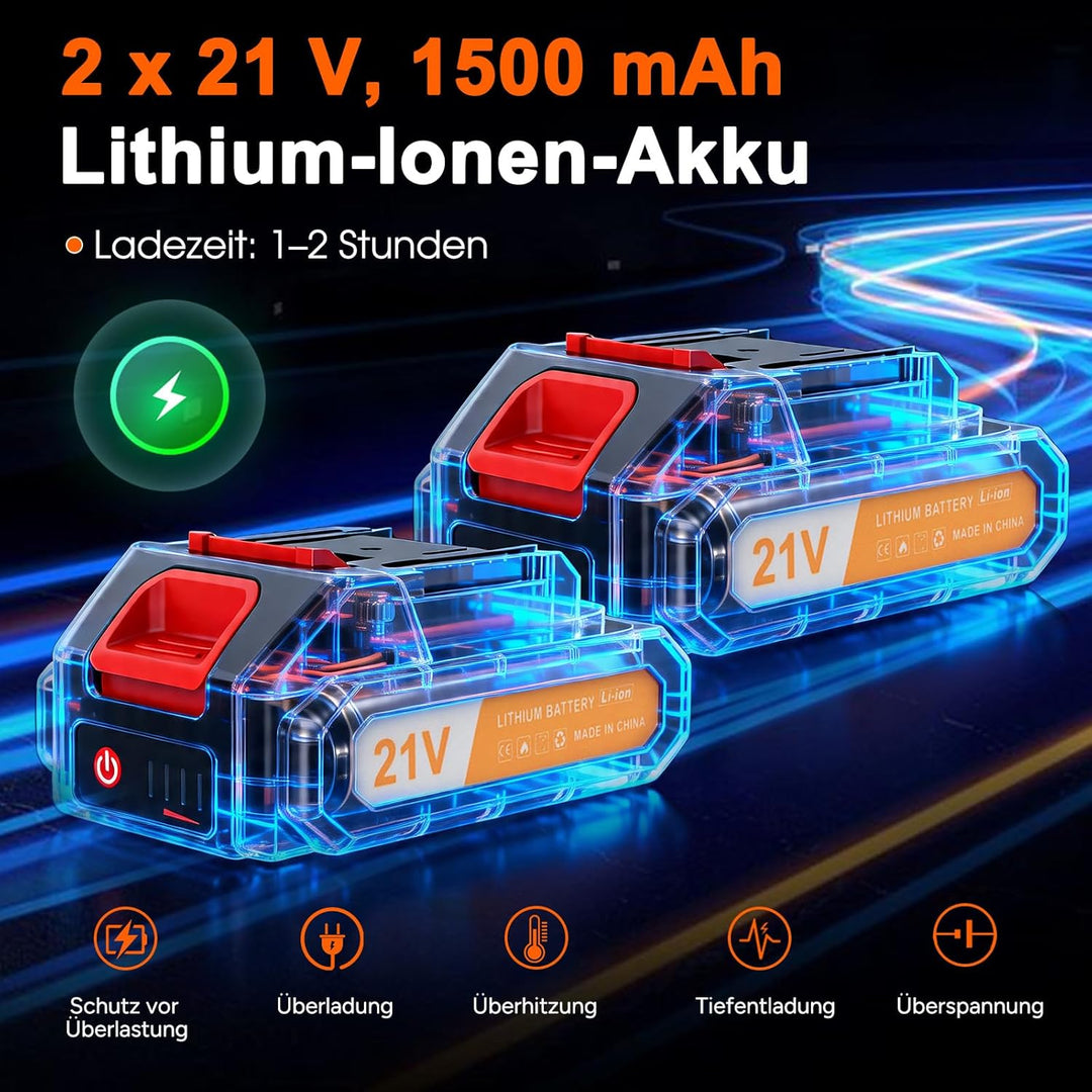 Akku-Rasentrimmer mit 2 * 21V Akku, 4 Messer, dreifach klappbarer Mäher, Rasenmäher, Akku-Gartenmähe