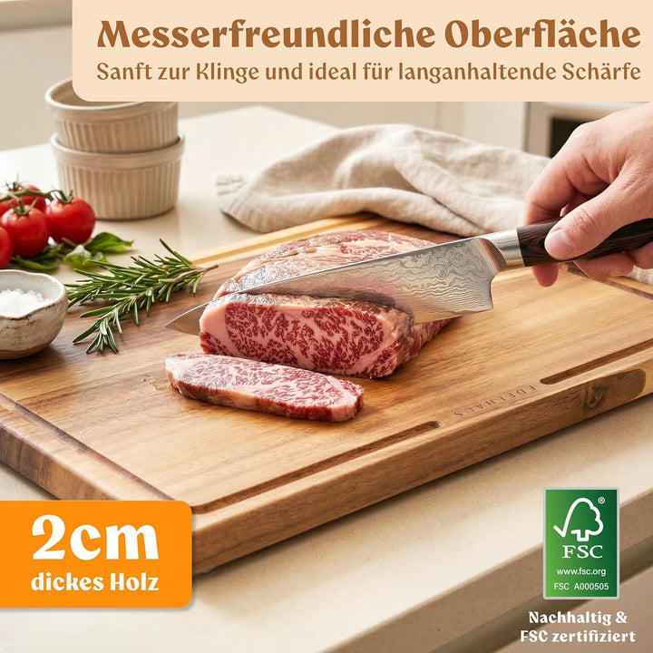 Schneidebrett Holz 3er Set (40x30cm / 33x24cm / 26x18cm) Holzschneidebrett aus Massiver Akazie - 2cm