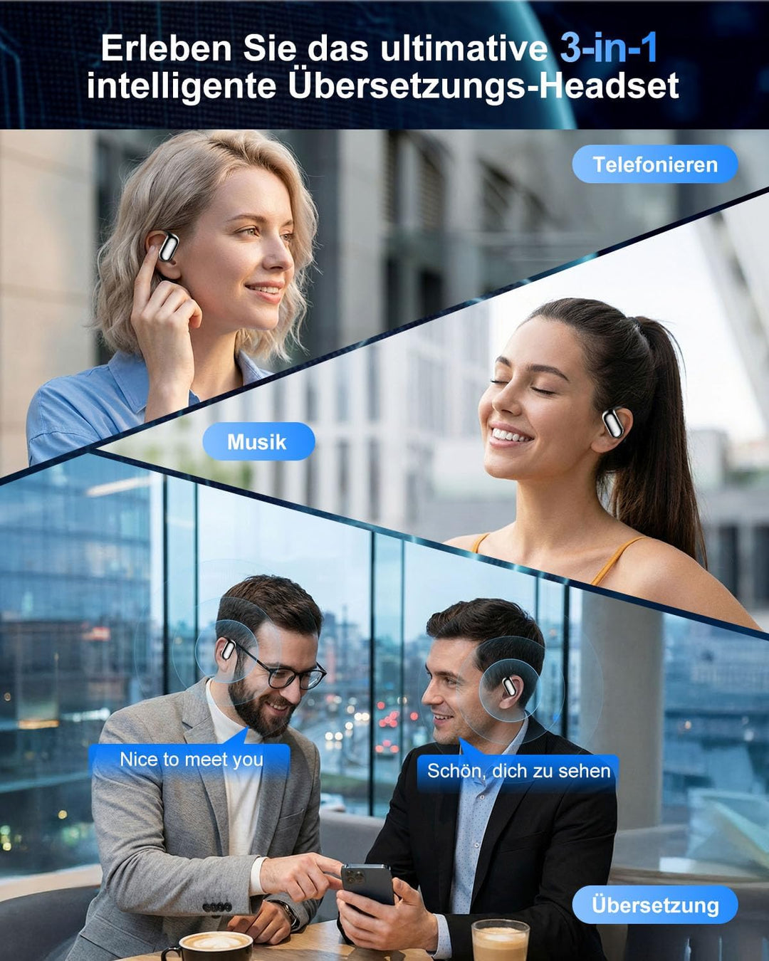 KI Übersetzungskopfhörer Echtzeit mit 134 Sprachen &amp; 90 Std Spielzeit, Bluetooth 5.3 Übersetzer Kopf
