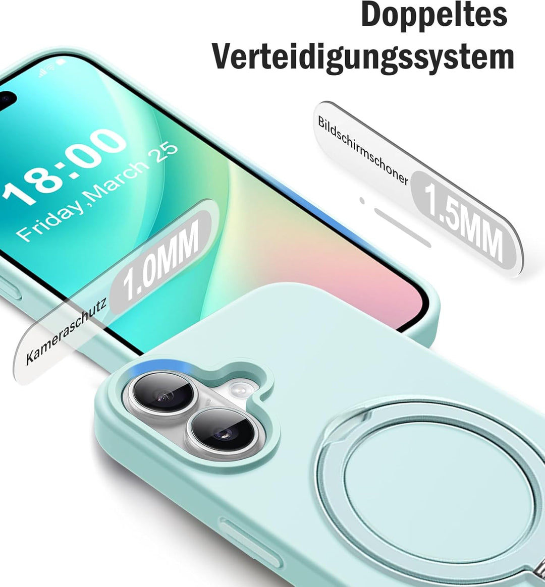 Handyhülle für iPhone 16 Hülle mit 2 Stück Schutzfolie, Silikon Case mit Magnetisch Ring Ständer Und