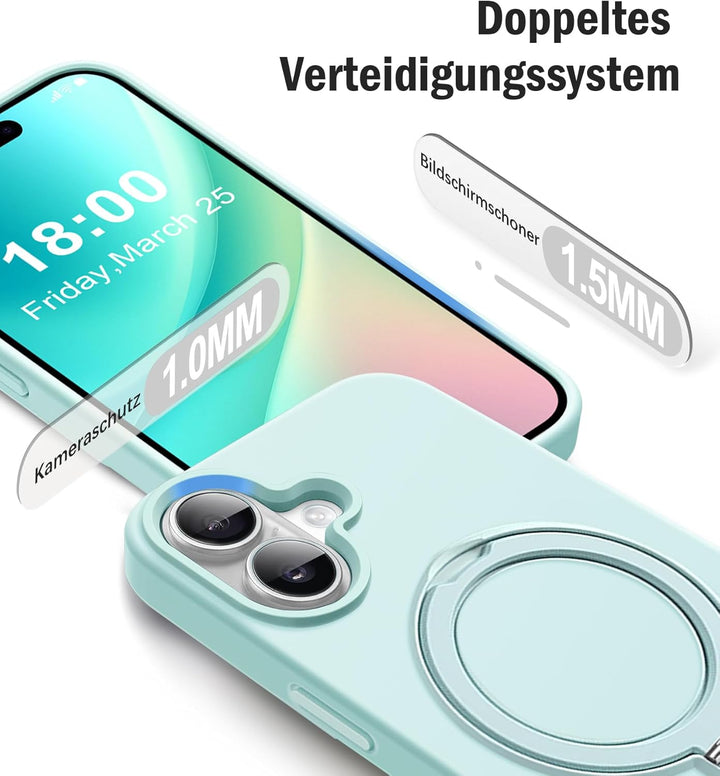 Handyhülle für iPhone 16 Hülle mit 2 Stück Schutzfolie, Silikon Case mit Magnetisch Ring Ständer Und