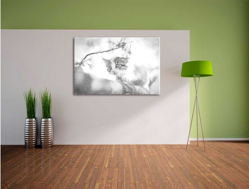 Pixxprint Süsses Kätzchen im Kirschbaum Kunst Kohle Effekt, Format: 100x70 auf Leinwand, XXL riesige