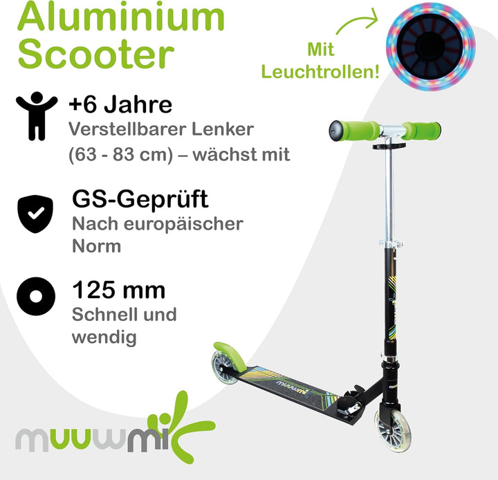 muuwmi Aluminium Scooter – Tretroller, 125 mm, ABEC 5, GS geprüft, höhenverstellbar Grün/Schwarz, Gr