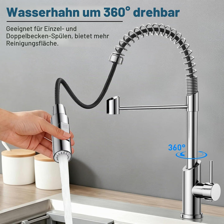 Wasserhahn Küche,Hoher Bogen Hochdruck Küchenarmatur mit Herunterziehen Brause, Spiralfeder Spültisc