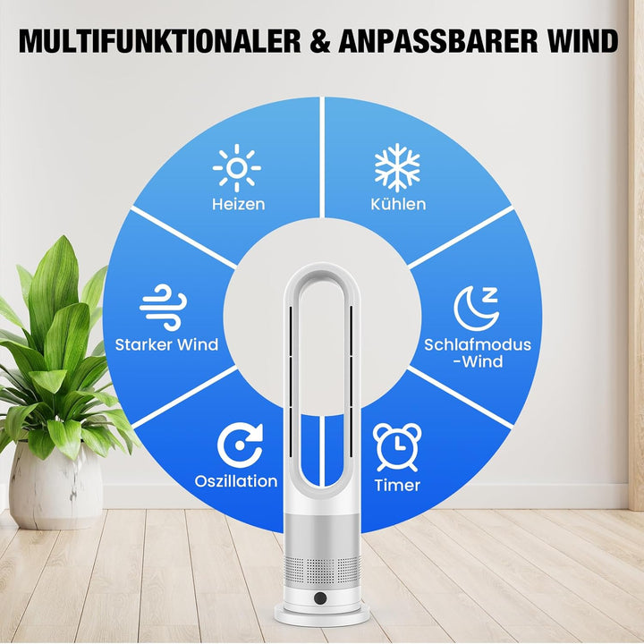 Turmventilator, Rotorlos Ventilator mit Kühlung und Heizen, Luftkühler sehr Leise, 8 Stufen Tower-Ve