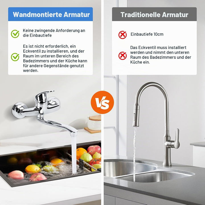 360° Drehbare Wasserhahn Küche Wandmontage, Kalt und Heiss Edelstahl Wasserhahn Küche Wandarmatur, W